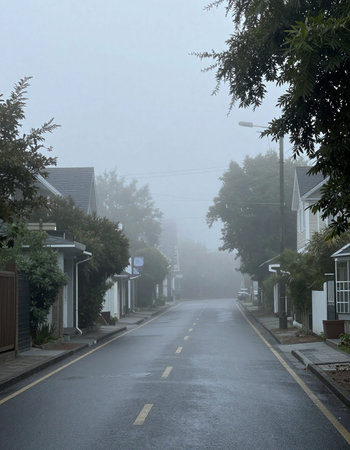 Morning fog on the street in a small town in South Korea.の写真素材