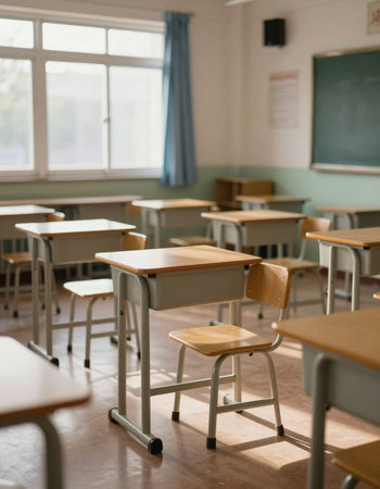 Classroom with desks and chairs in a primary school, shallow depth of field