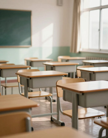 Classroom with desks and chairs in a school, shallow depth of field