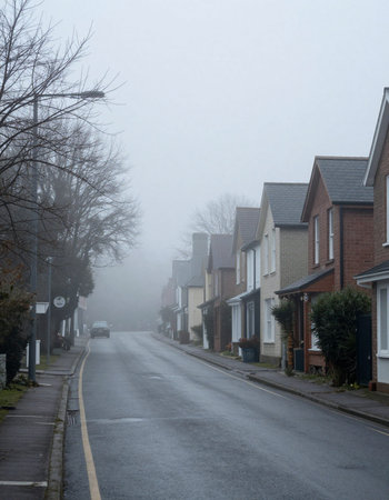 Morning fog on a suburban street in the English countryside, UK.の写真素材