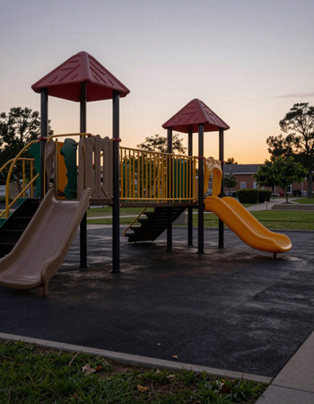 Playground in the park at sunset with children's slide and stairs