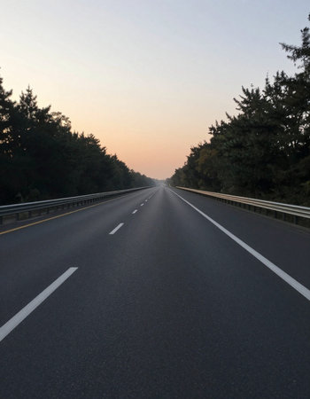 asphalt road through the forest at sunset, closeup of photoの写真素材