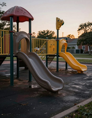 Playground in the park at sunset. Selective focus on the slide.の写真素材