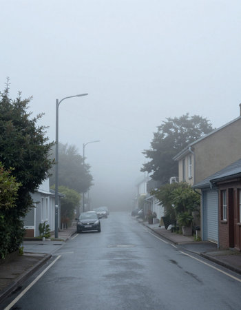 A foggy morning on the street in West Sussex, England.の写真素材