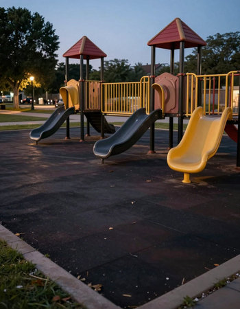 Playground in the park at night. Children's playground in the evening.の写真素材
