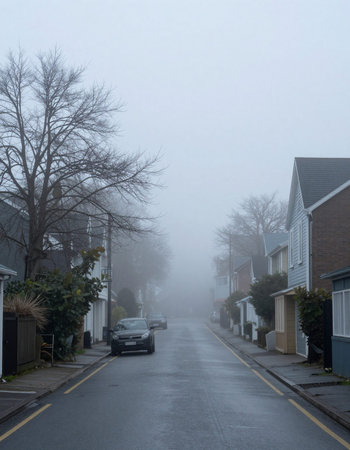 A foggy morning on a street in East London, UK.の写真素材