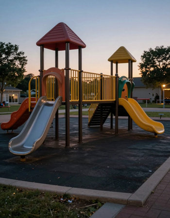 Playground in the evening light with a red roof and colorful slidesの写真素材