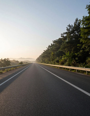 Asphalt road through the forest at sunrise, natural landscape background.の写真素材
