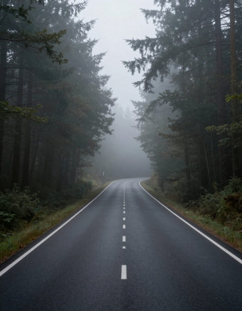 Asphalt road through the forest in the morning fog. Landscape.