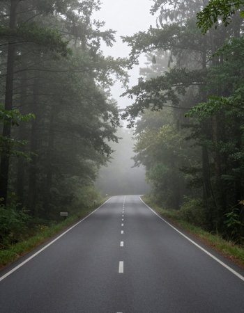 Road in the forest with fog and mist. Foggy weather.