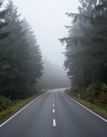 road in the foggy forest with trees on both sides of the road