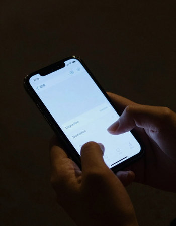 Close up of male hand holding smartphone with messenger app on the screen.の写真素材