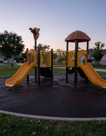 Playground in the park at sunset with colorful slides and stairs.