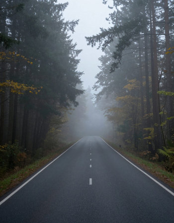 Road in the misty forest. Autumn landscape. Road in the fog.