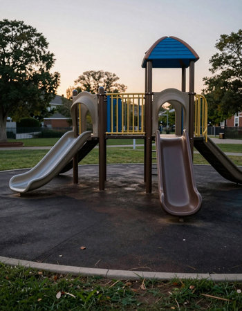 Playground in the park at sunset time with blue and white slides