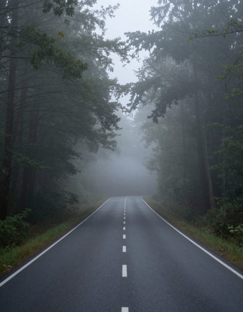 Road in the misty forest. Foggy road in the forest.