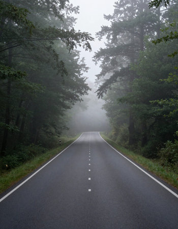 Empty asphalt road in a foggy forest with pine trees in the background