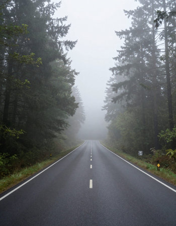 Empty asphalt road in the misty forest. Concept of travel, vacation and adventure