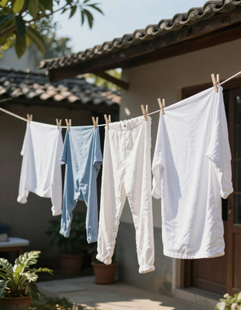 Clothes drying on the clothesline in the garden, stock photo