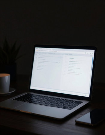 Laptop with blank screen and coffee cup on wooden table in dark room