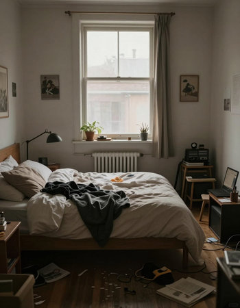 Interior of a modern bedroom with a bed and a coffee table