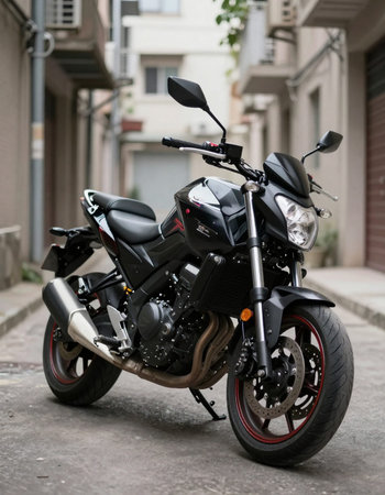 Motorcycle parked in the streets of the city, close-up