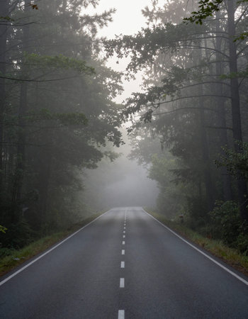 Road in the foggy forest with trees on both sides and fog