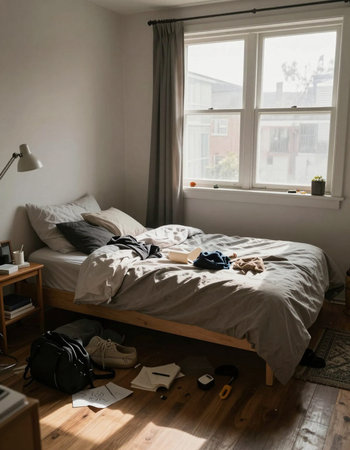Interior of a bedroom with a bed and a set of clothes