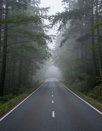 Road in the forest in the morning mist. Foggy landscape.