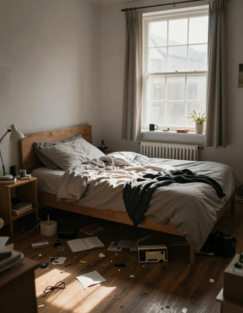 High angle view of a messy bedroom with a large bed, coffee cup and books