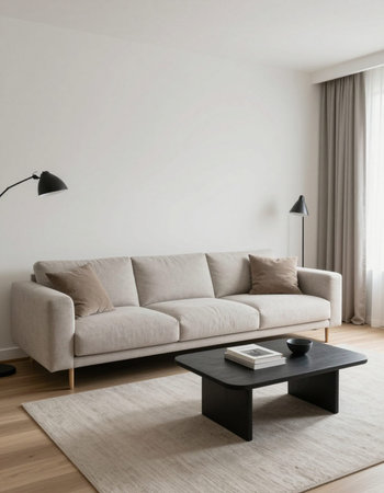 interior of modern living room with sofa, carpet and floor lampの写真素材