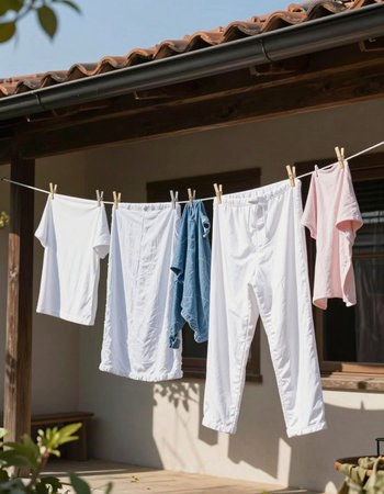 Laundry hanging on a clothesline in front of a house
