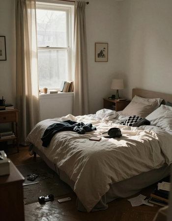 Interior of a room with a bed, pillows and other things
