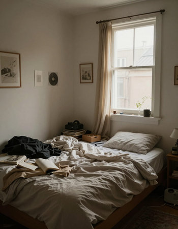 Interior of a room with a bed and a vintage bookの写真素材