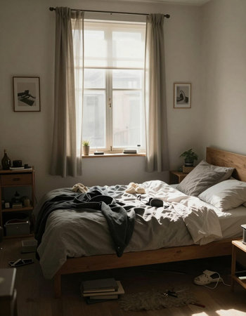 Interior of a bedroom with a bed and a window. Nobody inside