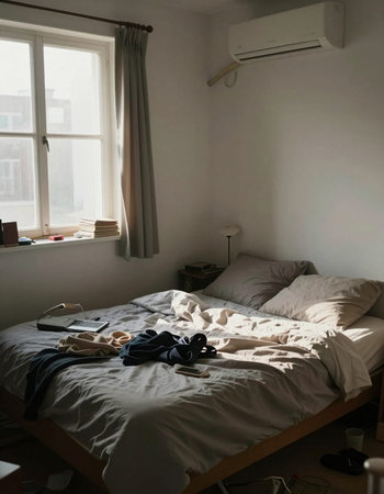 Interior of a bedroom with a bed and a set of clothes