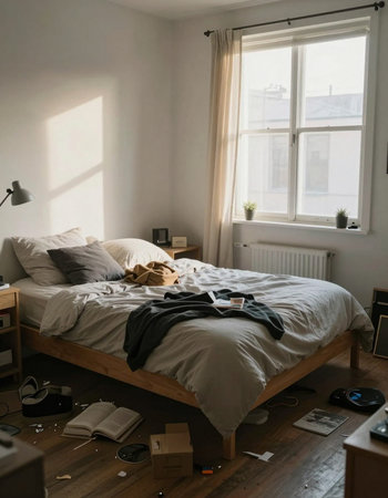 Interior of a modern bedroom with a large bed.の写真素材