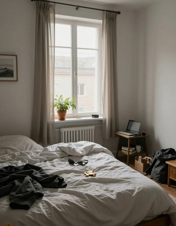 Laptop on the bed in the bedroom. Lifestyle concept.