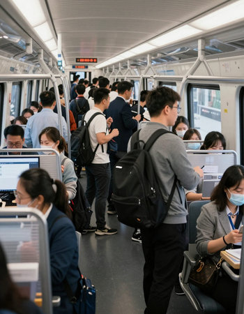 Unidentified people in a metro. The metro is the main public transport system in the city.