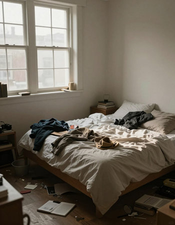 Interior of a bedroom with a bed and a large window.