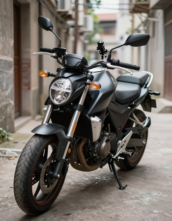 motorcycle parked on the road in the city, stock photo