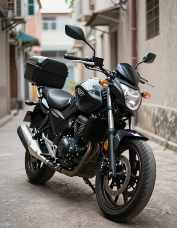 Close-up of a black motorcycle on the street in the city