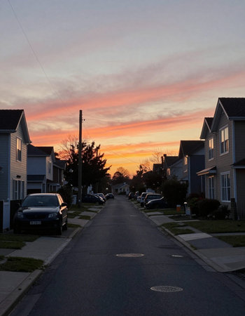 Sunset in a suburban neighborhood in New York City, USA.