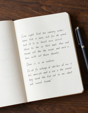 Notebook and pen on a wooden table. Top view with copy space.