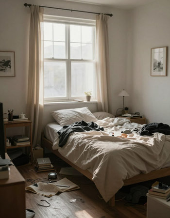 interior of a modern bedroom with a large window, books and a bed