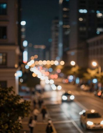 Blurred view of city street at night. Defocused background.