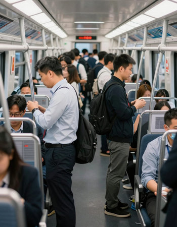 Unidentified people inside a train. The train is a rapid transit system.