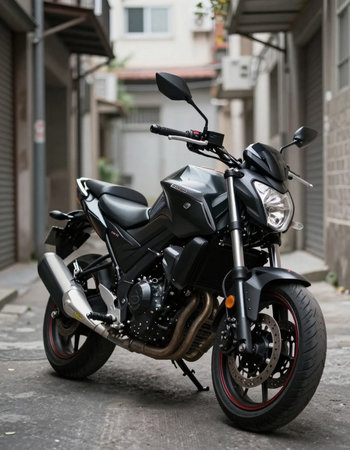 Black motorcycle parked on the street in the city. Selective focus.