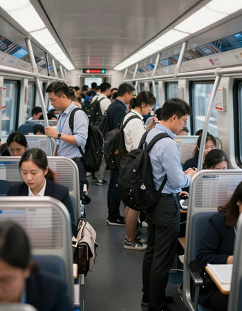 Unidentified people inside the Bangkok Mass Rapid Transit (MRT) train in Bangkok, Thailand.