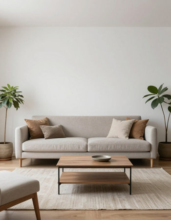 Interior of modern living room with sofa, coffee table and plantsの写真素材